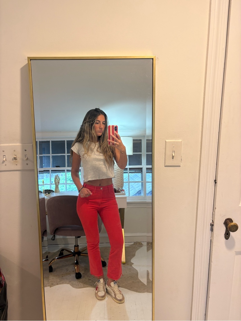 MOTHER Red Cropped Straight Ankle Jeans